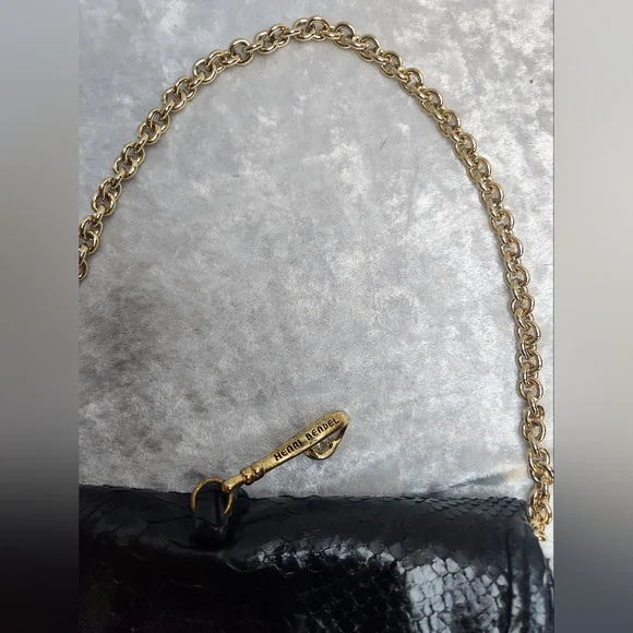 Henri Bendel Black Snake Leather Gold Chain Shoulder Clutch Bag - Picture 3 of 8